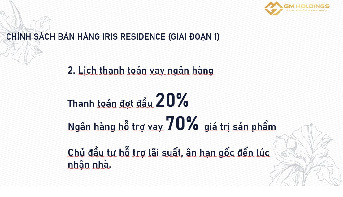 Lịch thanh toán theo hình thức vay dự án Iris Residence